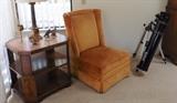 Slipper chair, leather top mahogany 3 tiered table. Bushnell telescope