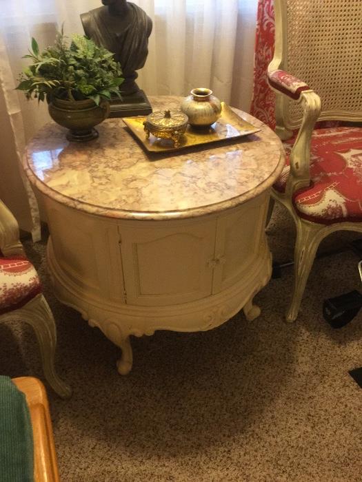 Cream Color End Table with Pink Marble Top