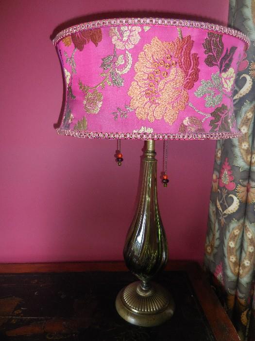 Glass Green Table Lamp,with Silk Shade