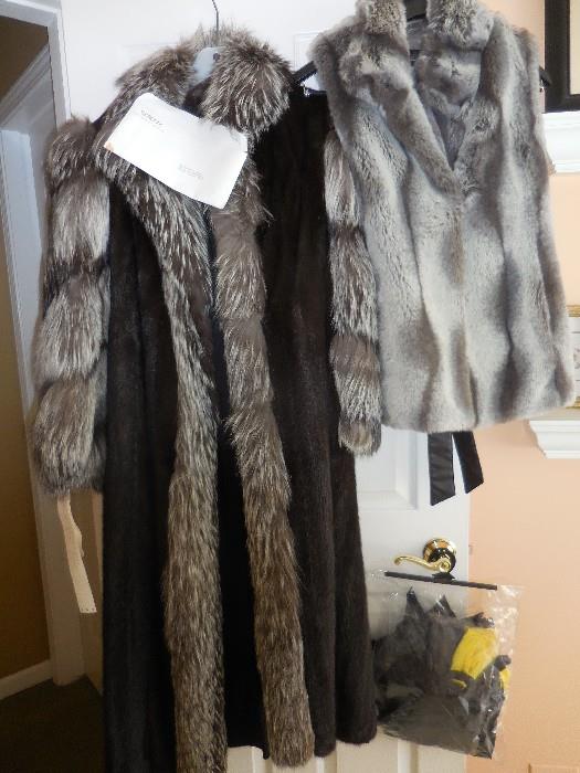 Full Length Ranch  Mink Coat with Silver Fox Trim Size 6