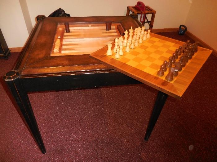 Walter E Smithe, Leather Top, Game Table, with Chess and Back Gammon, With 2 Leather Side Chairs