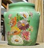 Ransburg vintage 1930s stoneware cookie jar. Green with handpainted "Asters" pattern.
