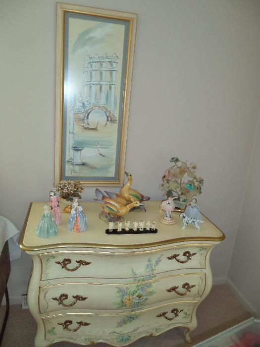 painted bombay chest, ivory netsukes, royal doulton figures, jade tree, Lladro figure, Dresden figure, Grecian oil painting