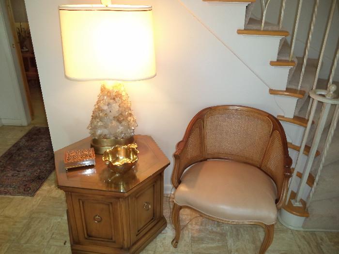 large geode lamp, octagon tble, french cane-side chair