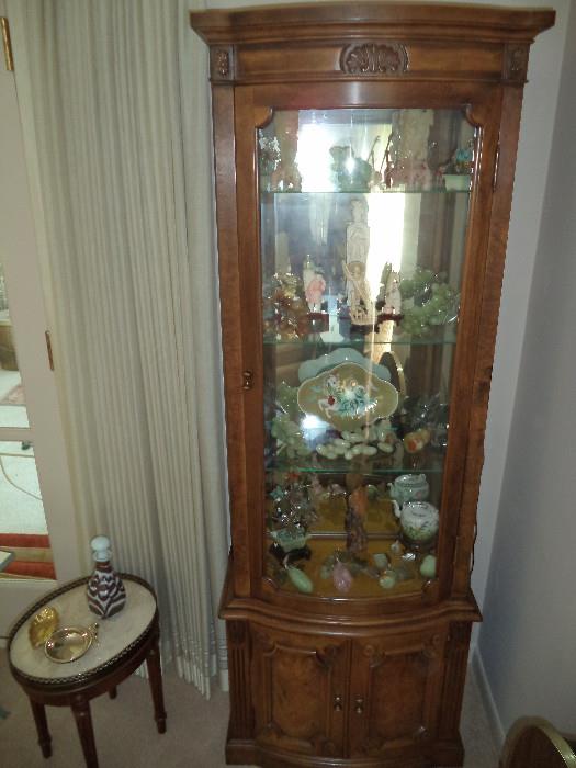 curio cabinet, marble top stand, art glass decanter