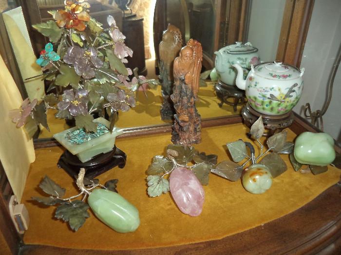 jade fruit, soapstone figure, jade tree, oriental teapot