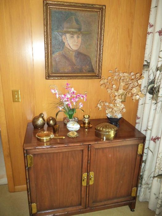 asian style cabinet/ wet bar, WWI soldier oil painting, brassware