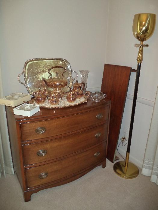 mahogany 3-drawer chest, silver plated tea set, tray, Libbey? vase, Steuben ashtray