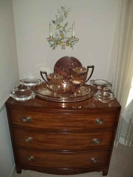 mahogany 3-drawer chest, silver plated tea set, Steuben glass