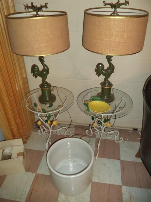 iron tables, rooster lamps, crock