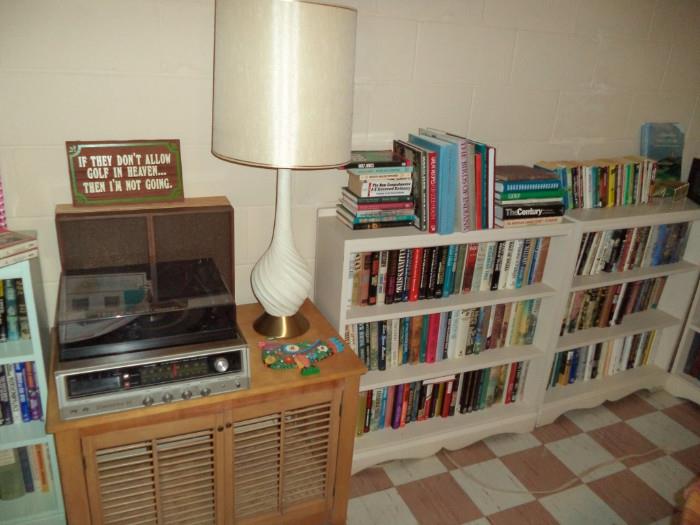 record cabinet, vintage stereo, books