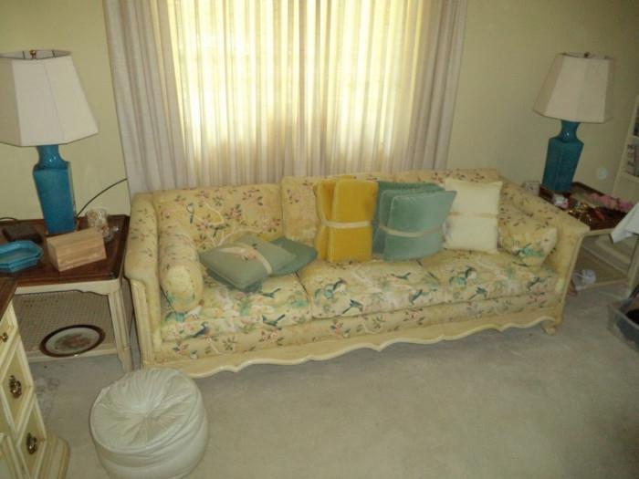 yellow floral sofa, Century end tables