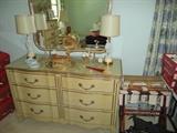 french dresser w/ mirror, dresser set, perfume bottles, luggage stands, 