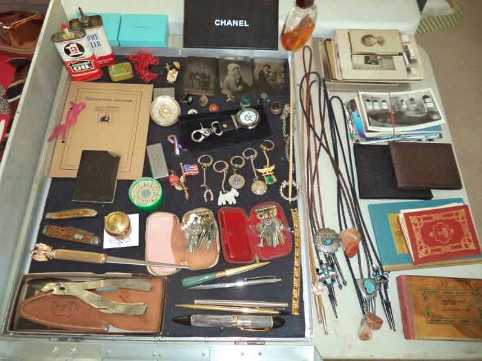 oil cans, pocket knvies, letter openers, pens, keychains, tin types, cdv's, postcards, sterling bolo ties