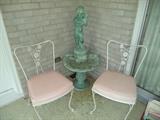 iron chairs, cement fountain