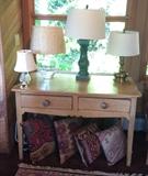 Antique country pine work table with 2 drawers, Waterford crystal lamp, other table lamps & kilim pillows from Del-Teet. (Green lamp & clear glass lamp are SOLD)