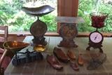Antique scales including Salter No. 50T & No. 45T, old wooden shoe forms. Scale on the far right is a reproduction.