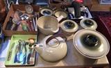 Heath Ceramics teapot, batter bowl, casserole & covered bowls, Rabbit wine opener, cheese spreaders & assorted utensils