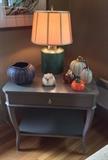 "West Paces" painted end table by Suzanne Kasler for Hickory Chair, lovely jade green table lamp with silk shade (purchased at Del-Teet in Feb. 2014), studio pottery bowl by Larry Richmond (NW artist), handmade alabaster luminary by Susan Zalkind & Paul Hawkins (Arizona artists), art glass pumpkins.