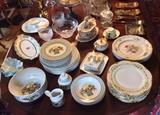 Villeroy & Boch "Basket" china (25 pieces including covered butter dish), 8 Haviland plates with handpainted yellow roses, 5 Spode "Marlborough Sprays" dinner plates, 7 piece glass salad bowl set & more