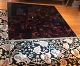 Oly Studio "Jonathan" 36" square cocktail/coffee table - antiqued gold frame with dark shell top. 18" high, with X stretcher bar on base.