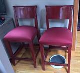 Pair of "Jewel Red" counter stools by Lorts - with antiqued finish. Seats are 26" high. Not shown: Matching single dining side chair.