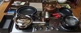 Pots & pans including copper sauce pan & tea kettle, Bialetti & Tramontina skillets, LaForme Kaiser loaf pans, Gefu mandolin