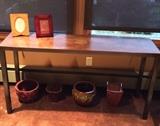 Metal console table with cement top (also from Del-Teet in 2014) 54" wide, 29" high. With ceramic planters below table.