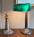 Antique "Verdelite" brass desk lamp with original green cased glass shade (lighthouse lamp is SOLD)