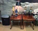 Fellowes paper shredder, pair of parquet top end tables & assorted lamps