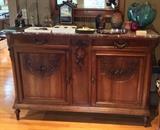 Antique French Louis XVI style walnut buffet with marble top - circa 1880 - with 2 drawers & 2 doors (59" W x 40" H x 20" D)