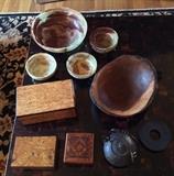 Onyx bowl set (salad bowl + 6 small bowls), Karelian birch box, other wood boxes, handmade burl wood bowl by Spencer Peterman, Japanese cast iron teapot with trivet