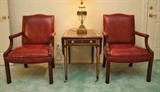 Pair of red leather chairs by Councill and a drop leaf side table by Henredon