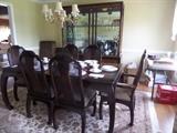 BERNHARDT DINING ROOM, 6 CHAIRS, 2 LEAVES AND ALL PADS, AND BREAKFRONT