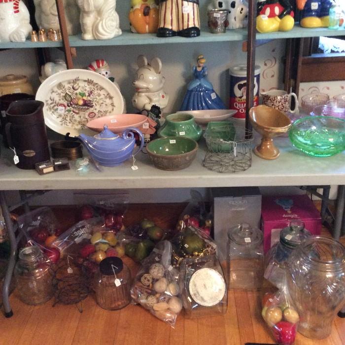 Teapots, Red Wing Vases, storage jars & artificial fruit.