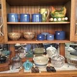 Crocks & bowls, Chalkware chicken with egg holders