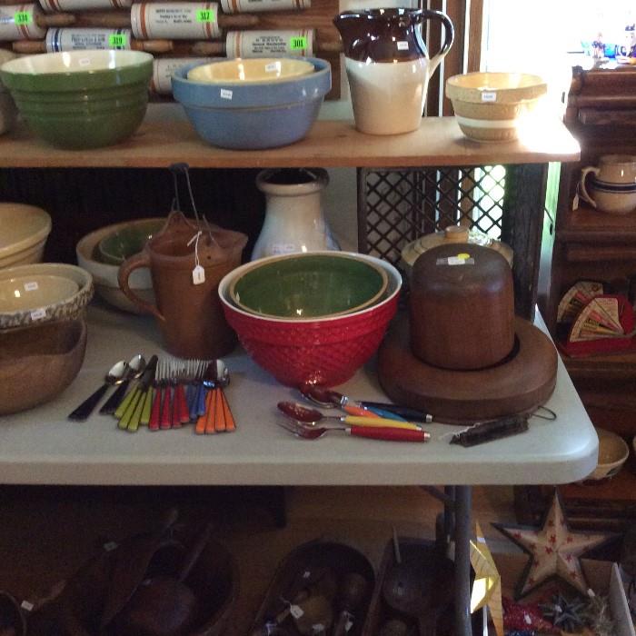 Fiesta Flatware, Wood Hat Makers Mold & More stoneware.  Same as prior picture, rolling pins in this picture will be sold at public auction on July 30.