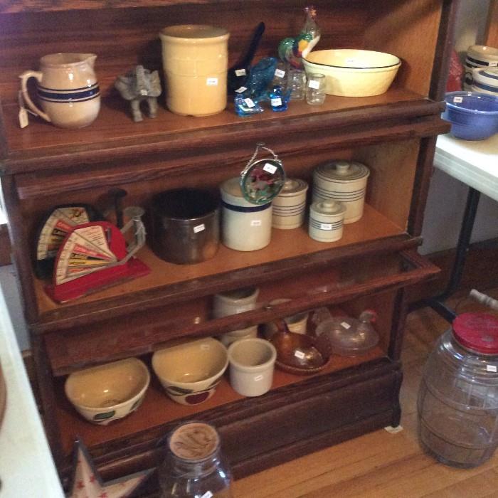 Barrister Bookcase full of stoneware, Watt Pottery & Egg Scales