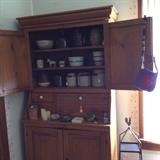 Pine Cupboard full of Crockery