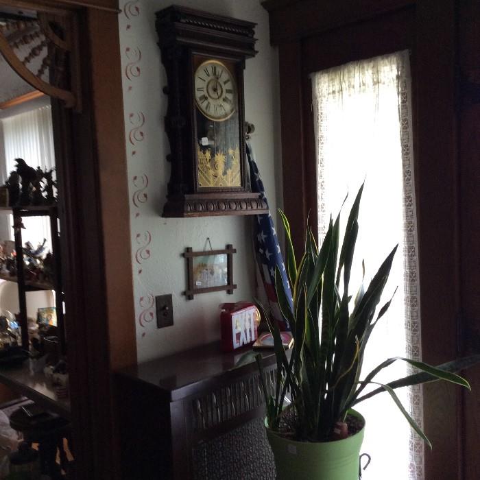 Old Kitchen Clock hung on wall, Plant 