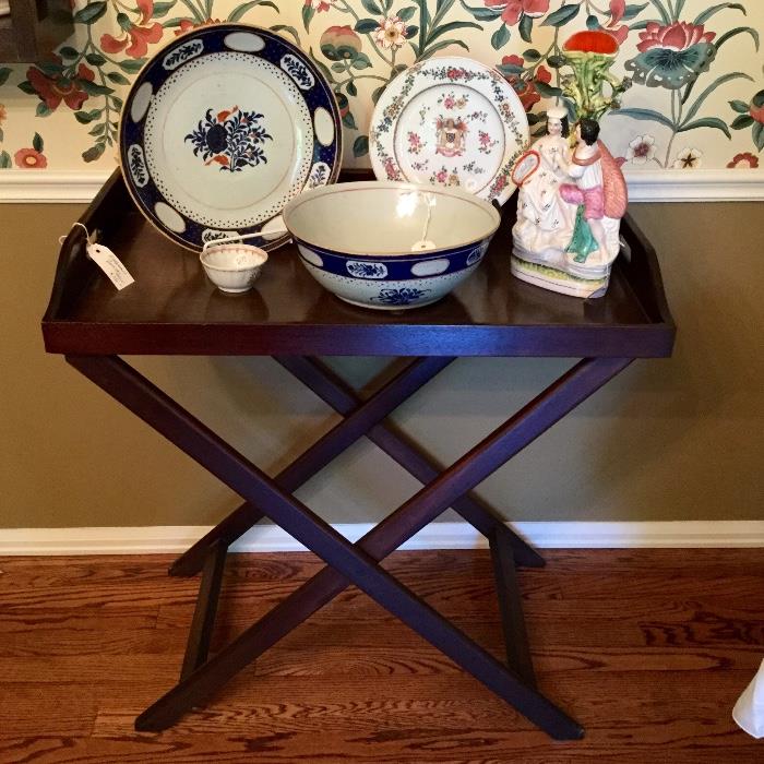 Chinese export porcelain on mahogany butler's table.