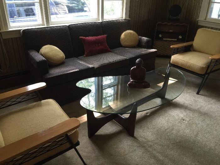 Living Room with Free Form Glass on Wood Base Coffee Table 