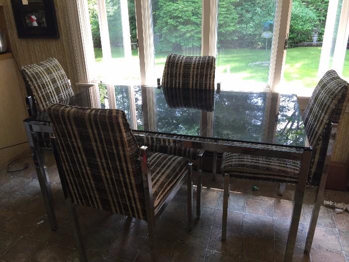 Funky, glass & chrome dining room set with original wool/tweed plaid seats.  