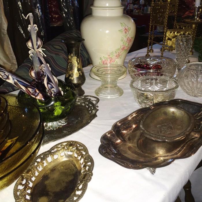 Silverplate Trays, Porcelain Floral Lamp, Glassware, Amber Glass