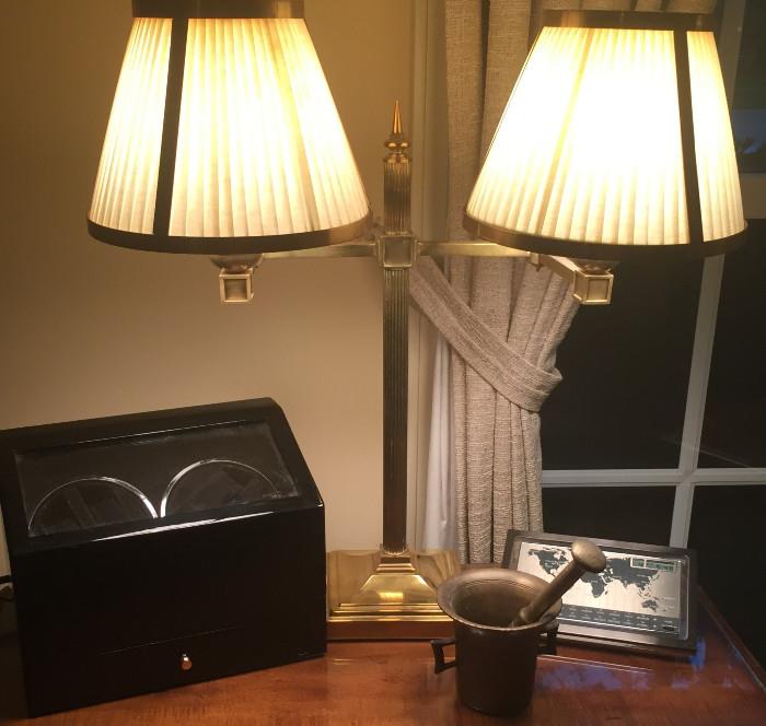 Automatic watch winder and heavy brass double arm table lamp