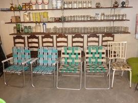 Lawn fold up chairs, 7 antique matching wood chairs