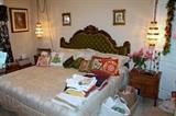 Fabulous vintage Rococo king bed, Hollywood Regency swag lamps, MCM nightstands