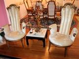 2 Vintage high-back upholstered armchairs, vintage Asian end table, and cherub electric candelabra with amber crystals