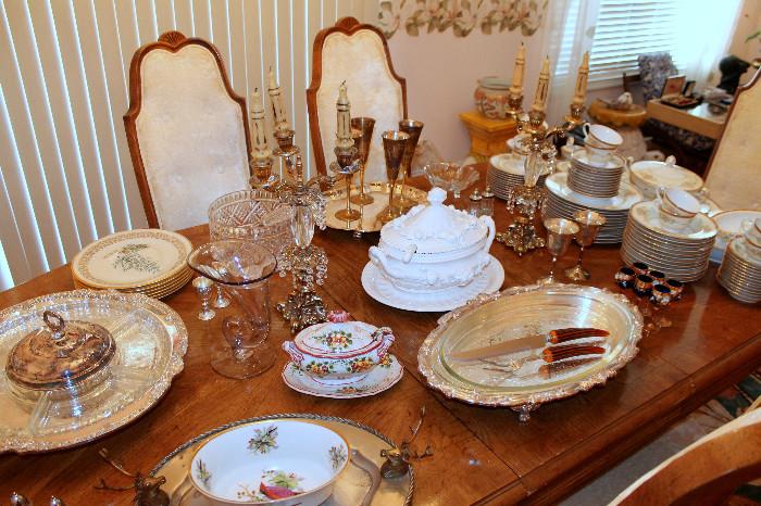 Silverplate, crystal, and pottery serving ware