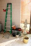 Ladder, Asian concrete lantern, flowerpots